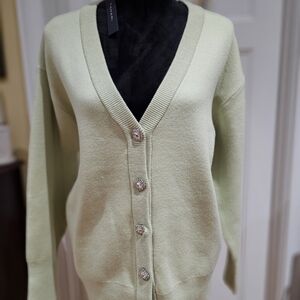 Tahari Light Green V-Neck Cardigan With Rhinestones, NWT - SIZE S